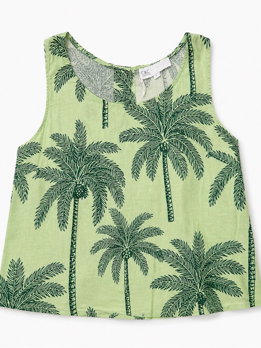 C&C California Palm Print Linen Blend Sleeveless Top NWT Small Tropical Green